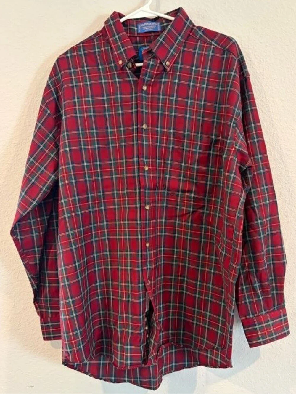 Pendleton Vintage Mens 100% Pure Virgin Wool Red Green Plaid Pocket Shirt Size L